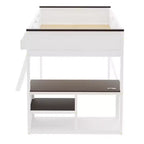 Lit mezzanine Queen Size avec bureau et étagères intégrés, cadre de lit mezzanine en bois peu encombrant avec boîte de rangement et USB, blanc