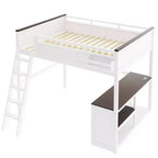 Lit mezzanine Queen Size avec bureau et étagères intégrés, cadre de lit mezzanine en bois peu encombrant avec boîte de rangement et USB, blanc