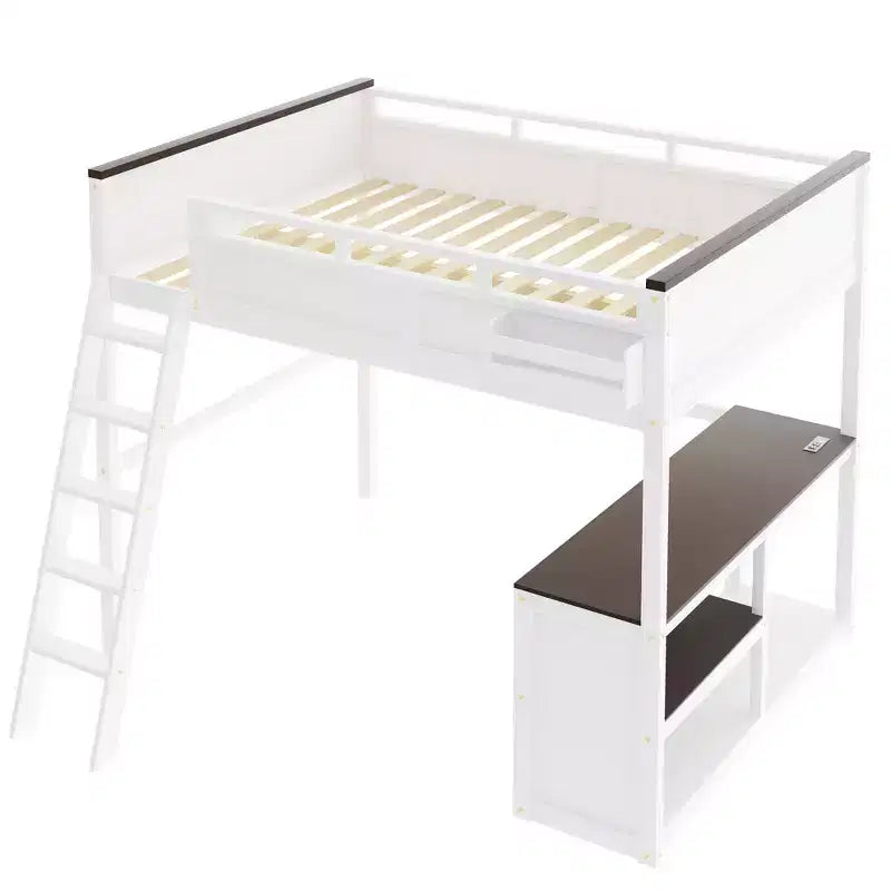 Lit mezzanine Queen Size avec bureau et étagères intégrés, cadre de lit mezzanine en bois peu encombrant avec boîte de rangement et USB, blanc