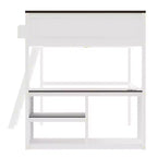 Lit mezzanine Queen Size avec bureau et étagères intégrés, cadre de lit mezzanine en bois peu encombrant avec boîte de rangement et USB, blanc