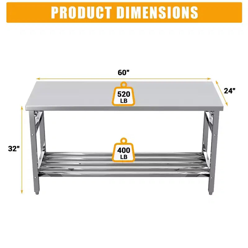 Table de travail pliable en acier inoxydable robuste avec étagère inférieure réglable, plan de travail certifié NSF pour cuisine commerciale, boulangerie ou usage domestique