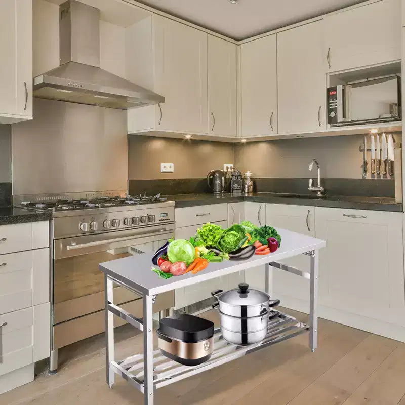 Table de travail pliable en acier inoxydable robuste avec étagère inférieure réglable, plan de travail certifié NSF pour cuisine commerciale, boulangerie ou usage domestique