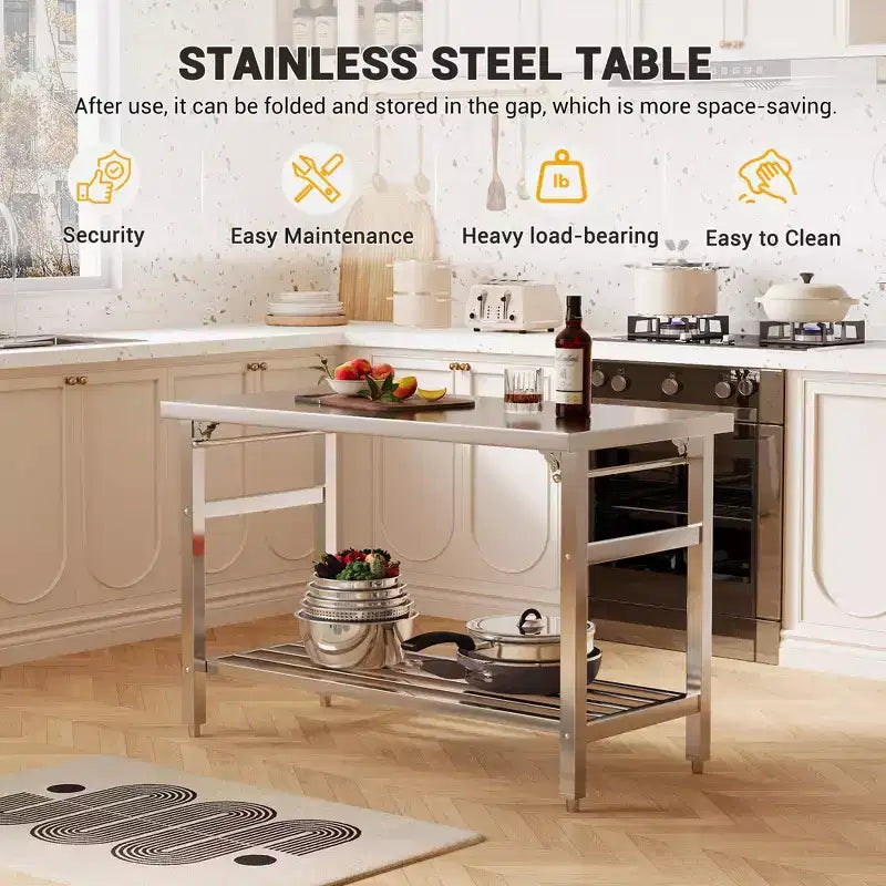 Table de travail pliable en acier inoxydable robuste avec étagère inférieure réglable, plan de travail certifié NSF pour cuisine commerciale, boulangerie ou usage domestique