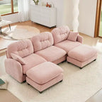 Canapé d'angle modulable 3 places en chenille beige en forme de U avec 2 poufs et 2 coussins décoratifs pour le salon