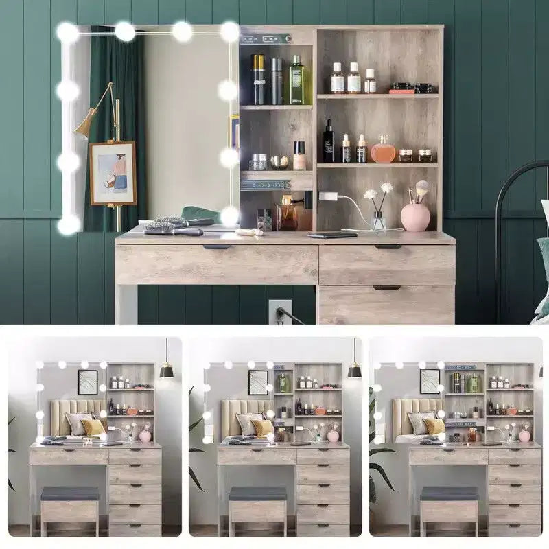 Coiffeuse en panneau de particules gris mélaminé avec 6 tiroirs et 2 étagères