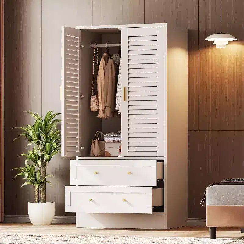 Armoire de 65 po avec tringle de suspension, armoire de rangement moderne à 2 portes et 2 tiroirs, pour chambre à coucher, vestiaire