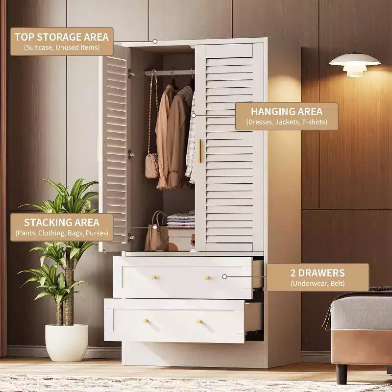 Armoire de 65 po avec tringle de suspension, armoire de rangement moderne à 2 portes et 2 tiroirs, pour chambre à coucher, vestiaire