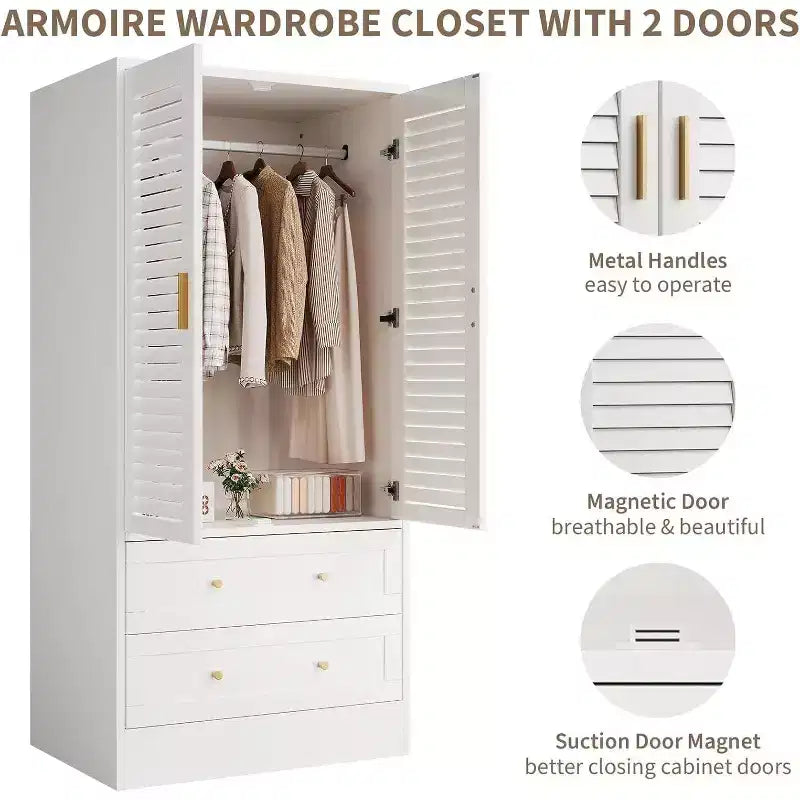 Armoire de 65 po avec tringle de suspension, armoire de rangement moderne à 2 portes et 2 tiroirs, pour chambre à coucher, vestiaire