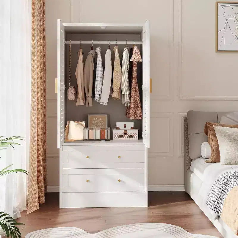 Armoire de 65 po avec tringle de suspension, armoire de rangement moderne à 2 portes et 2 tiroirs, pour chambre à coucher, vestiaire