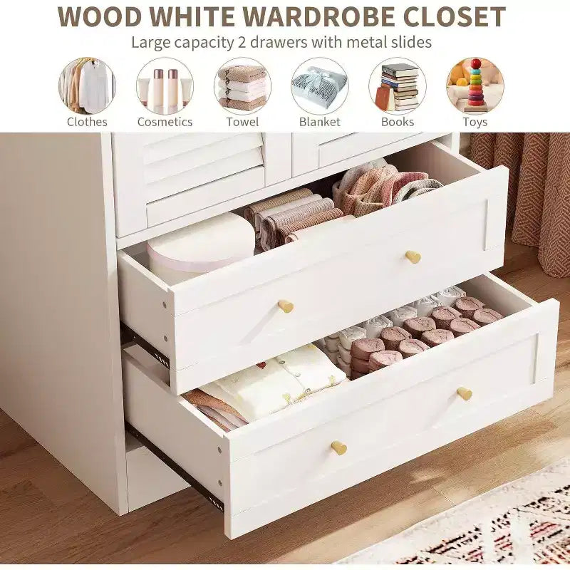 Armoire de 65 po avec tringle de suspension, armoire de rangement moderne à 2 portes et 2 tiroirs, pour chambre à coucher, vestiaire