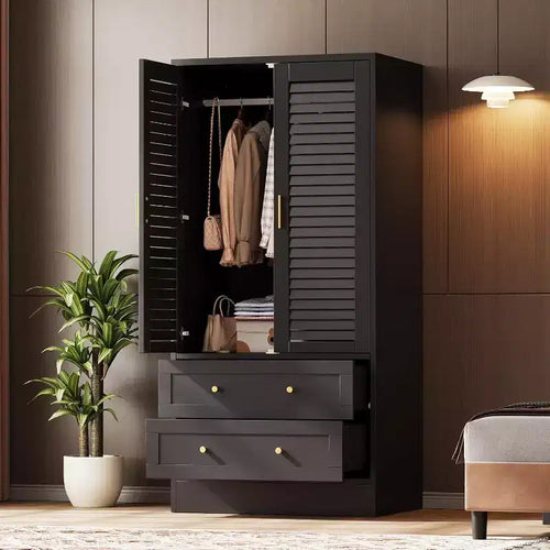 Armoire de 65 po avec tringle de suspension, armoire de rangement moderne à 2 portes et 2 tiroirs, pour chambre à coucher, vestiaire