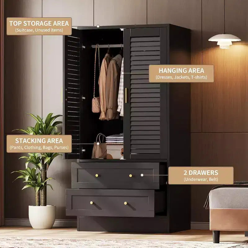Armoire de 65 po avec tringle de suspension, armoire de rangement moderne à 2 portes et 2 tiroirs, pour chambre à coucher, vestiaire