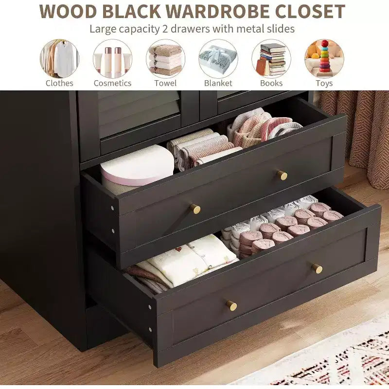 Armoire de 65 po avec tringle de suspension, armoire de rangement moderne à 2 portes et 2 tiroirs, pour chambre à coucher, vestiaire