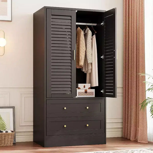 65 Wooden Armoire Wardrobe Closet with Hanging Rod, Modern Clothing Storage Cabinets with 2 Doors and 2 Drawers, for Bedroom, Cloak Room