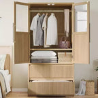 Grande Armoire-Penderie en Bois pour Chambre à Coucher, avec Portes Vitrées et 2 Tiroirs, Étagères et Tringle de Suspension pour Chambre, Vestiaire