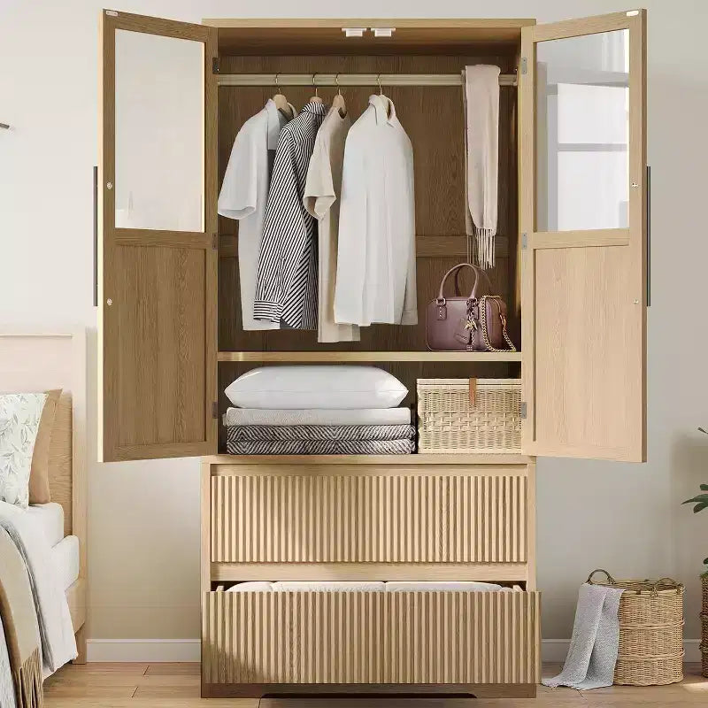 Grande Armoire-Penderie en Bois pour Chambre à Coucher, avec Portes Vitrées et 2 Tiroirs, Étagères et Tringle de Suspension pour Chambre, Vestiaire