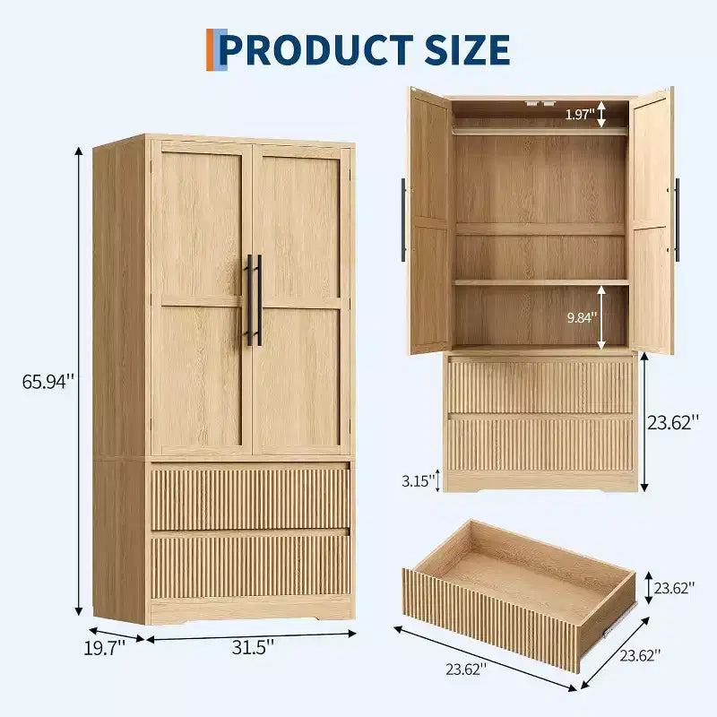 Grande Armoire-Penderie en Bois pour Chambre à Coucher, avec Portes Vitrées et 2 Tiroirs, Étagères et Tringle de Suspension pour Chambre, Vestiaire