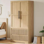 Grande Armoire-Penderie en Bois pour Chambre à Coucher, avec Portes Vitrées et 2 Tiroirs, Étagères et Tringle de Suspension pour Chambre, Vestiaire