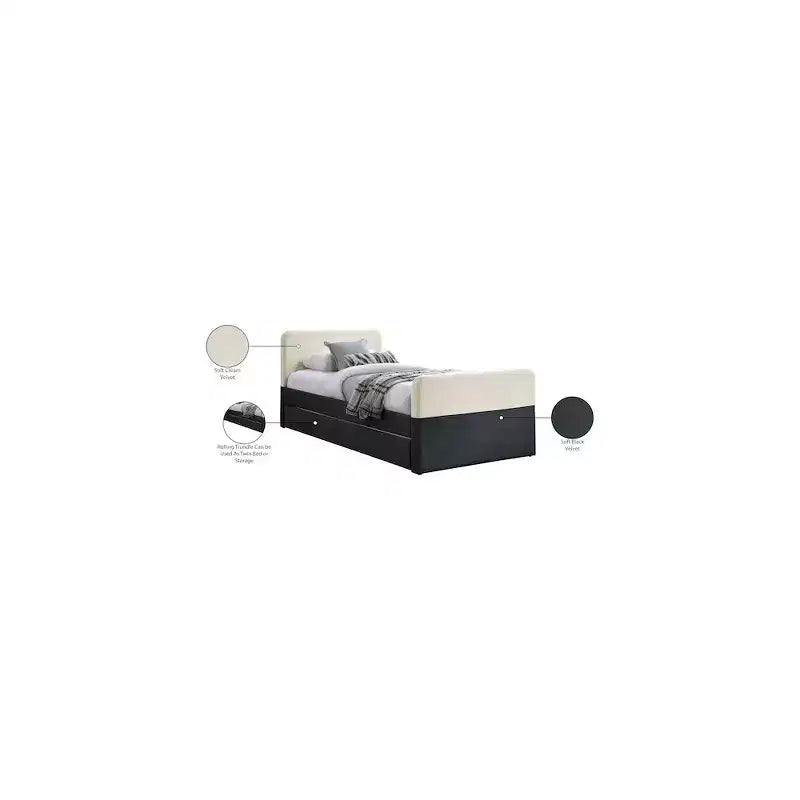 Meridian Furniture, lit gigogne/de rangement double Ivy en velours noir et crème