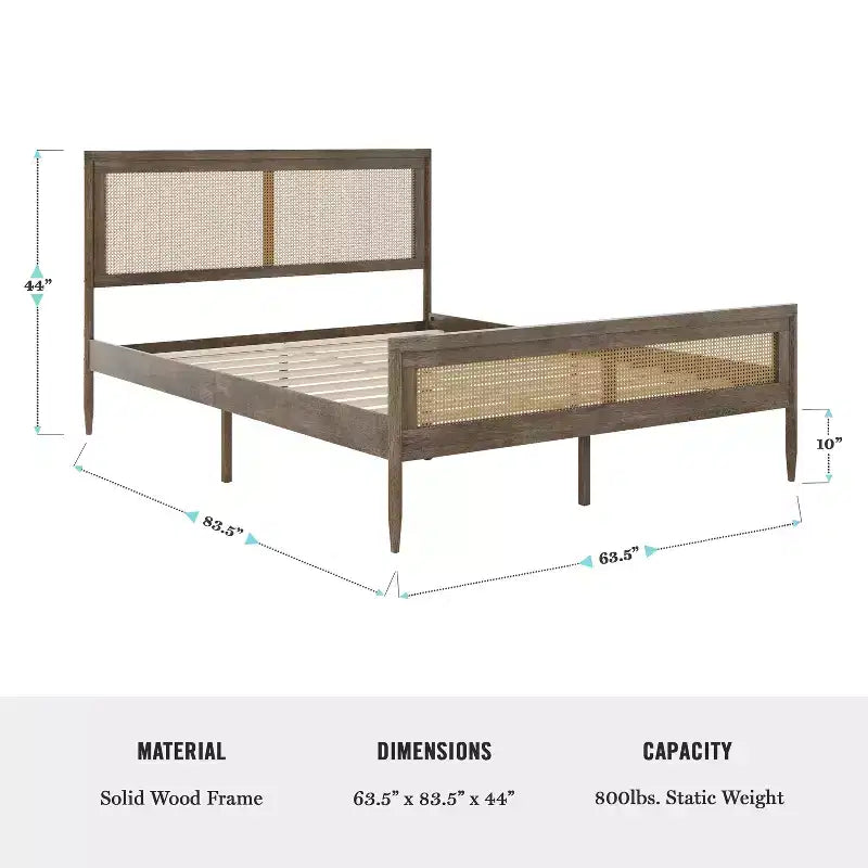 Lit plateforme Martha Stewart Jax en bois massif avec tête et pied de lit en rotin, aucun sommier tapissier requis