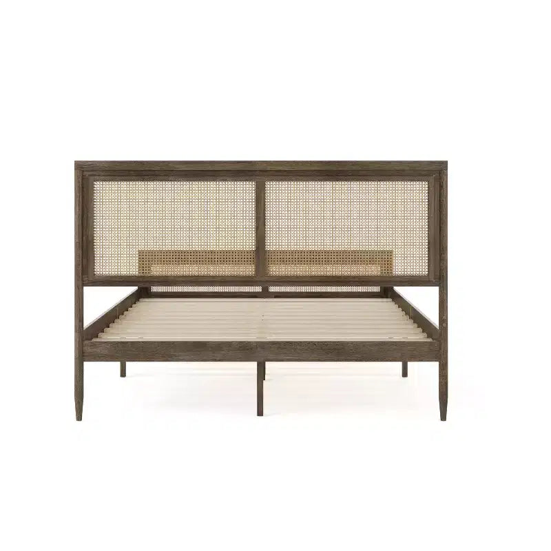 Lit plateforme Martha Stewart Jax en bois massif avec tête et pied de lit en rotin, aucun sommier tapissier requis