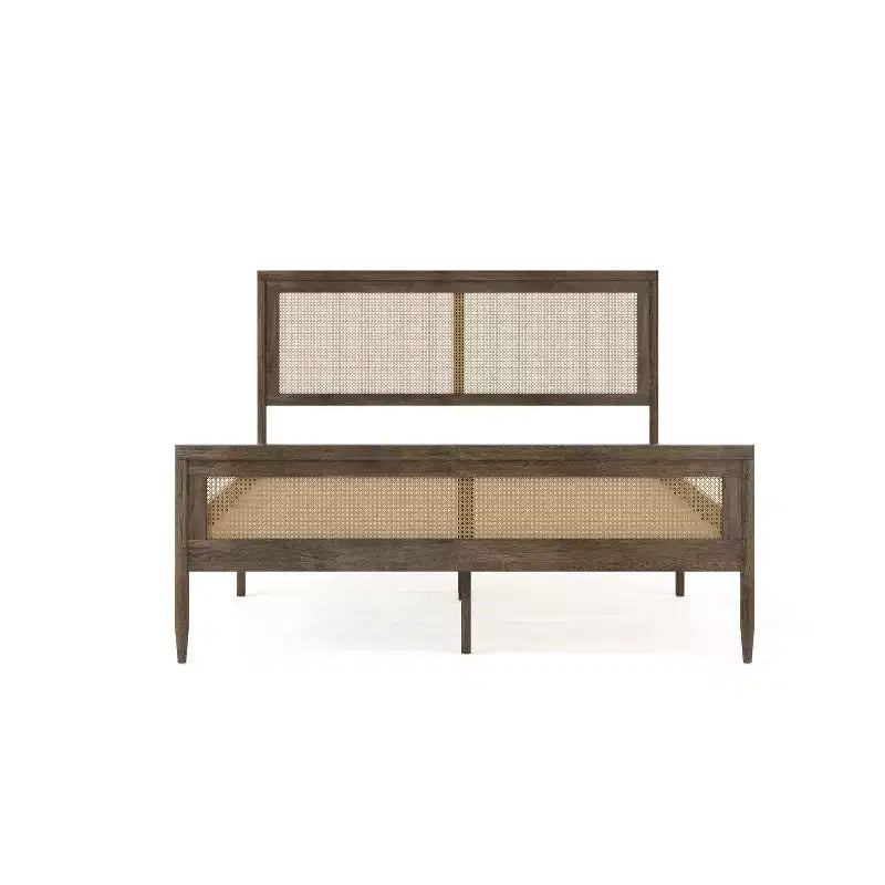 Lit plateforme Martha Stewart Jax en bois massif avec tête et pied de lit en rotin, aucun sommier tapissier requis