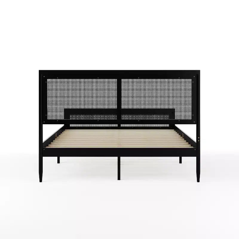 Lit plateforme Martha Stewart Jax en bois massif avec tête et pied de lit en rotin, aucun sommier tapissier requis