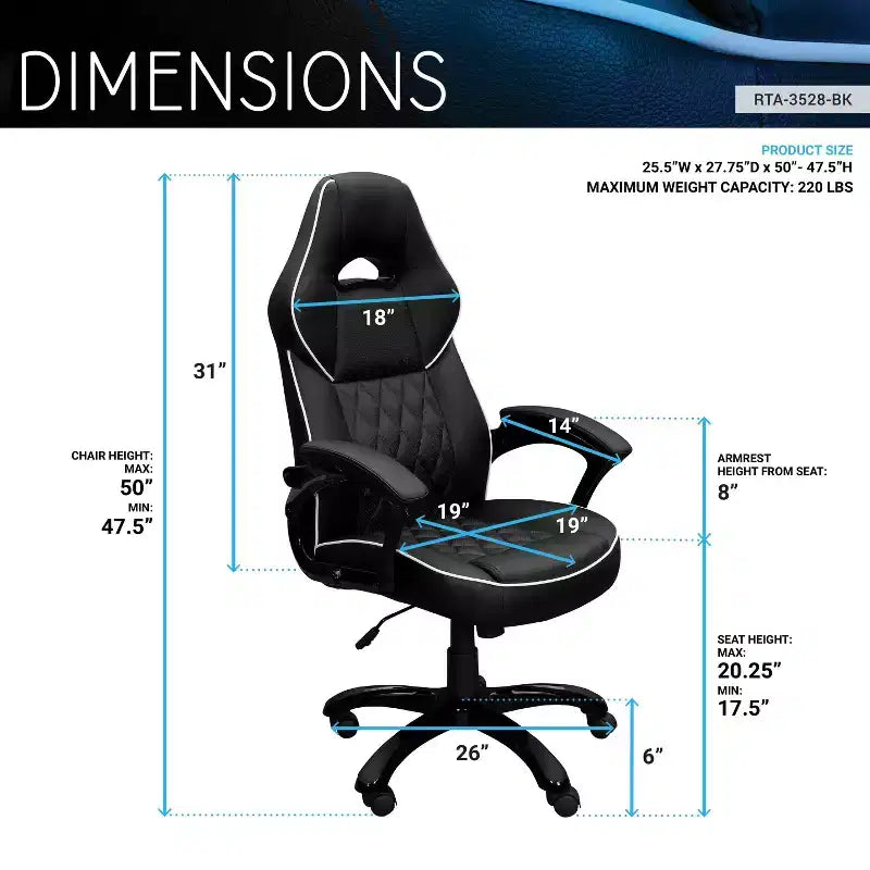 Fauteuil de jeu à dossier haut Okak avec siège et dossier rembourrés, chaise de bureau de direction avec base et roulettes en métal, chaise de bureau pour l'étude, la salle de lecture, noir