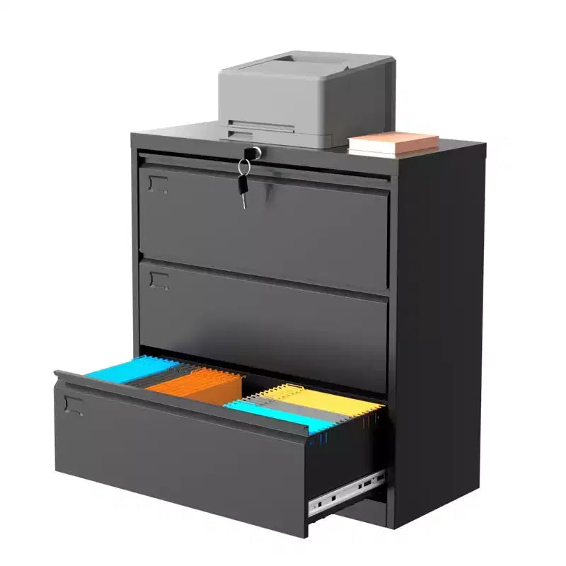 TROPOW Classeur latéral à 3 tiroirs - Rangement en métal noir avec serrure pour documents A4/format légal/lettre (utilisation à la maison/au bureau)
