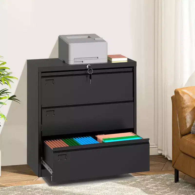 TROPOW Classeur latéral à 3 tiroirs - Rangement en métal noir avec serrure pour documents A4/format légal/lettre (utilisation à la maison/au bureau)