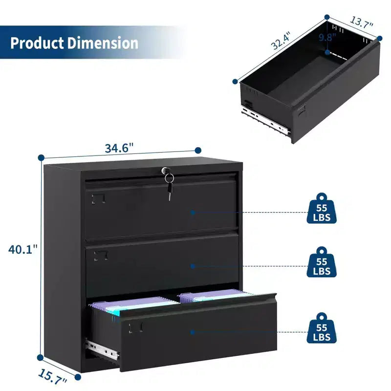 TROPOW Classeur latéral à 3 tiroirs - Rangement en métal noir avec serrure pour documents A4/format légal/lettre (utilisation à la maison/au bureau)