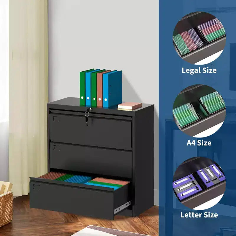 TROPOW Classeur latéral à 3 tiroirs - Rangement en métal noir avec serrure pour documents A4/format légal/lettre (utilisation à la maison/au bureau)