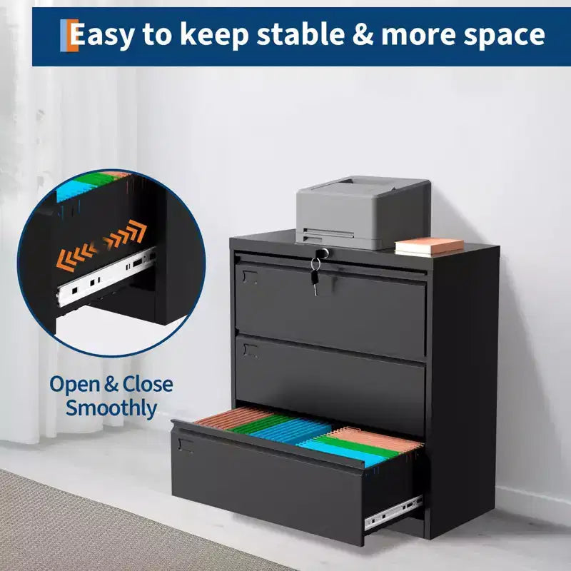 TROPOW Classeur latéral à 3 tiroirs - Rangement en métal noir avec serrure pour documents A4/format légal/lettre (utilisation à la maison/au bureau)