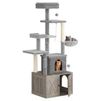 Cat Tree, Litter Box Enclosure - 2-in-1 Hidden Pet Washroom Furniture with Sisal Scratching Posts, Hammocks, Condo, Multi Platforms for Cats