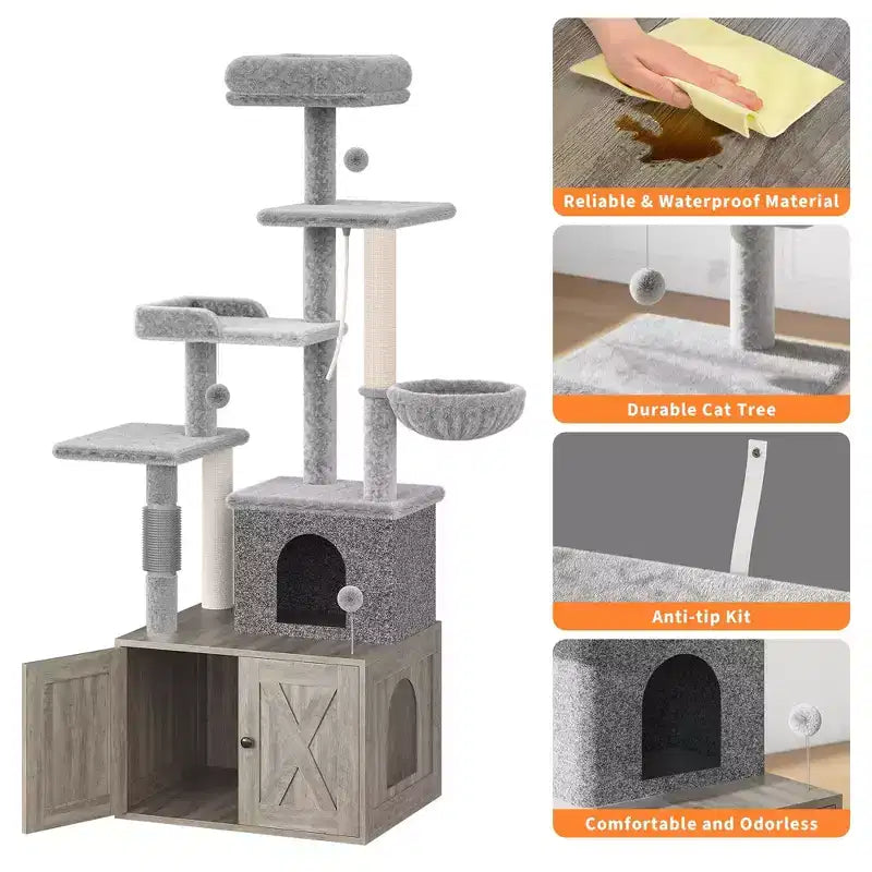 Arbre à chat, Meuble litière dissimulée - Meuble de toilette pour animaux 2 en 1 avec poteaux à griffer en sisal, hamacs, condo, plates-formes multiples pour chats