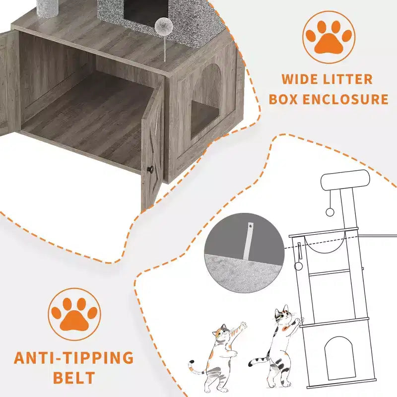Arbre à chat, Meuble litière dissimulée - Meuble de toilette pour animaux 2 en 1 avec poteaux à griffer en sisal, hamacs, condo, plates-formes multiples pour chats