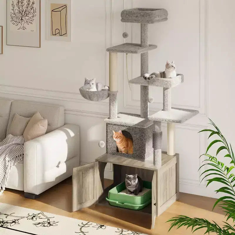 Arbre à chat, Meuble litière dissimulée - Meuble de toilette pour animaux 2 en 1 avec poteaux à griffer en sisal, hamacs, condo, plates-formes multiples pour chats