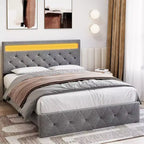 Cadre de lit rembourré COZONY Grand lit/Queen avec tête de lit réglable et station de recharge, aucun sommier tapissier requis
