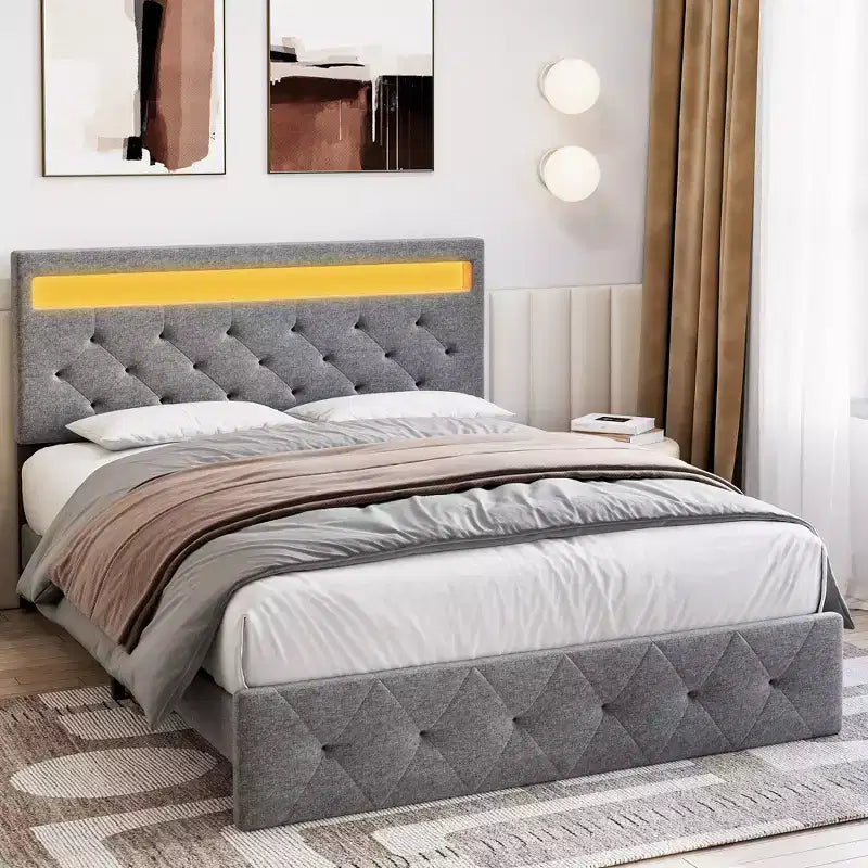 Cadre de lit rembourré COZONY Grand lit/Queen avec tête de lit réglable et station de recharge, aucun sommier tapissier requis