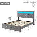 Cadre de lit rembourré COZONY Grand lit/Queen avec tête de lit réglable et station de recharge, aucun sommier tapissier requis