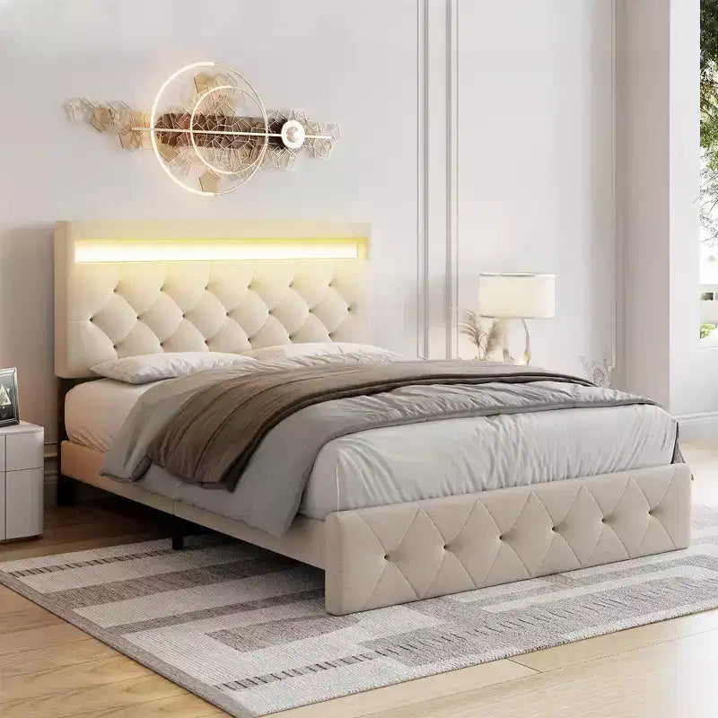 Cadre de lit rembourré COZONY Grand lit/Queen avec tête de lit réglable et station de recharge, aucun sommier tapissier requis