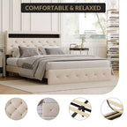 Cadre de lit rembourré COZONY Grand lit/Queen avec tête de lit réglable et station de recharge, aucun sommier tapissier requis