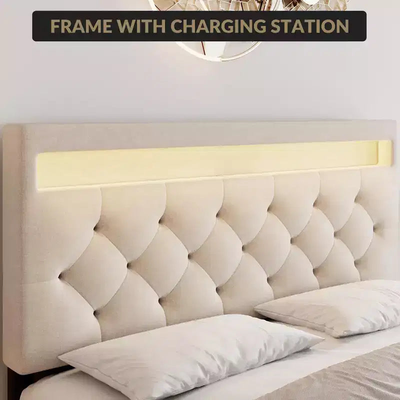 Cadre de lit rembourré COZONY Grand lit/Queen avec tête de lit réglable et station de recharge, aucun sommier tapissier requis