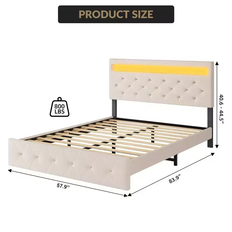 Cadre de lit rembourré COZONY Grand lit/Queen avec tête de lit réglable et station de recharge, aucun sommier tapissier requis
