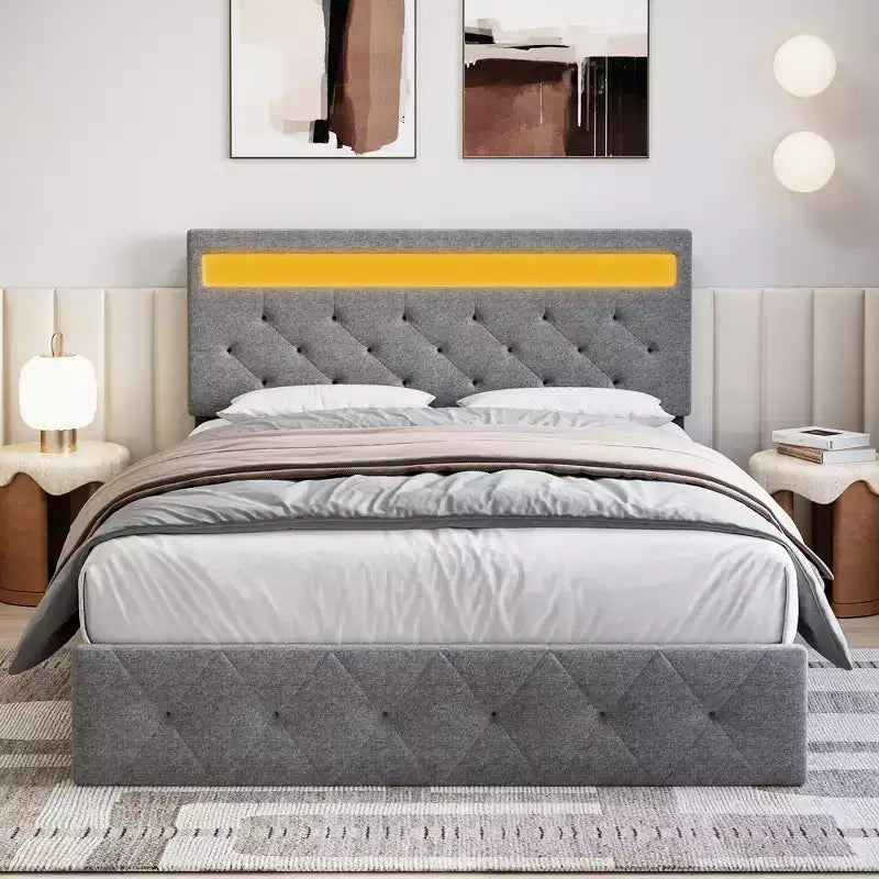 Cadre de lit rembourré COZONY Grand lit/Queen avec tête de lit réglable et station de recharge, aucun sommier tapissier requis
