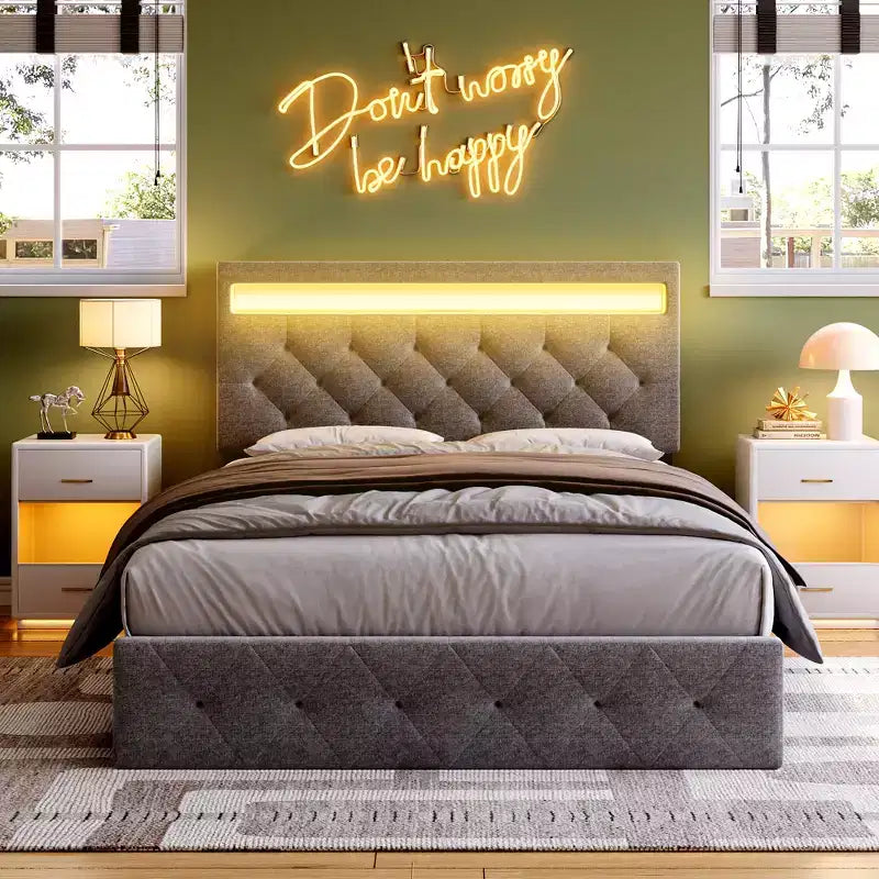 Cadre de lit rembourré COZONY Grand lit/Queen avec tête de lit réglable et station de recharge, aucun sommier tapissier requis