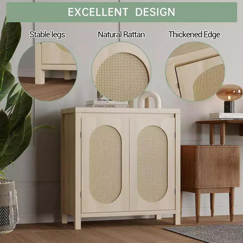 Meuble de rangement en rotin GustoWave avec portes tissées en PVC, buffet en bois avec étagère réglable, meuble de bar à café en bois