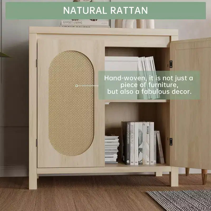Meuble de rangement en rotin GustoWave avec portes tissées en PVC, buffet en bois avec étagère réglable, meuble de bar à café en bois