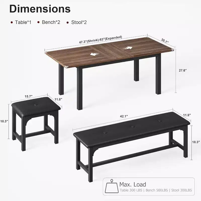 Table de salle à manger/cuisine extensible de 160 cm pour 6-8 personnes, avec cadre en métal robuste, peu encombrante pour cuisine, salle à manger, appartement