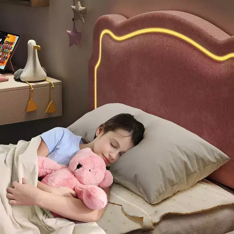 Lit double intelligent avec LED - Tête de lit réglable, plateforme recouverte de velours, sans sommier, lattes en bois